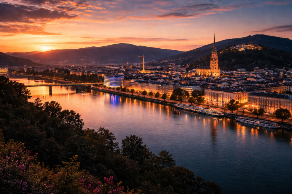 klub nocny Austria Linz panorama miasta nocą