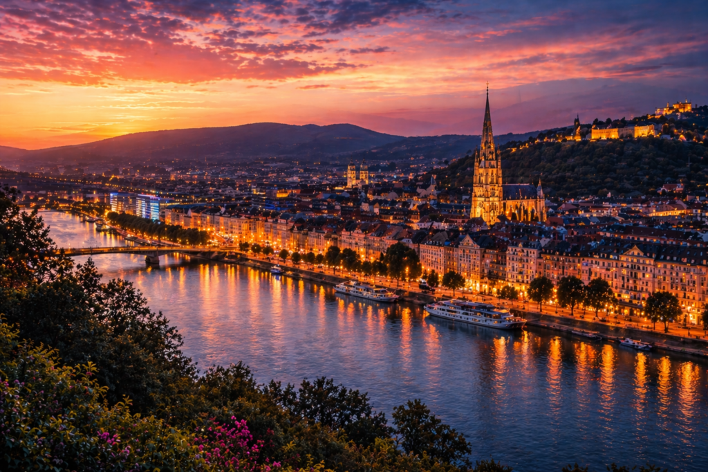 praca klub nocny Austria Linz widok miasta nocą